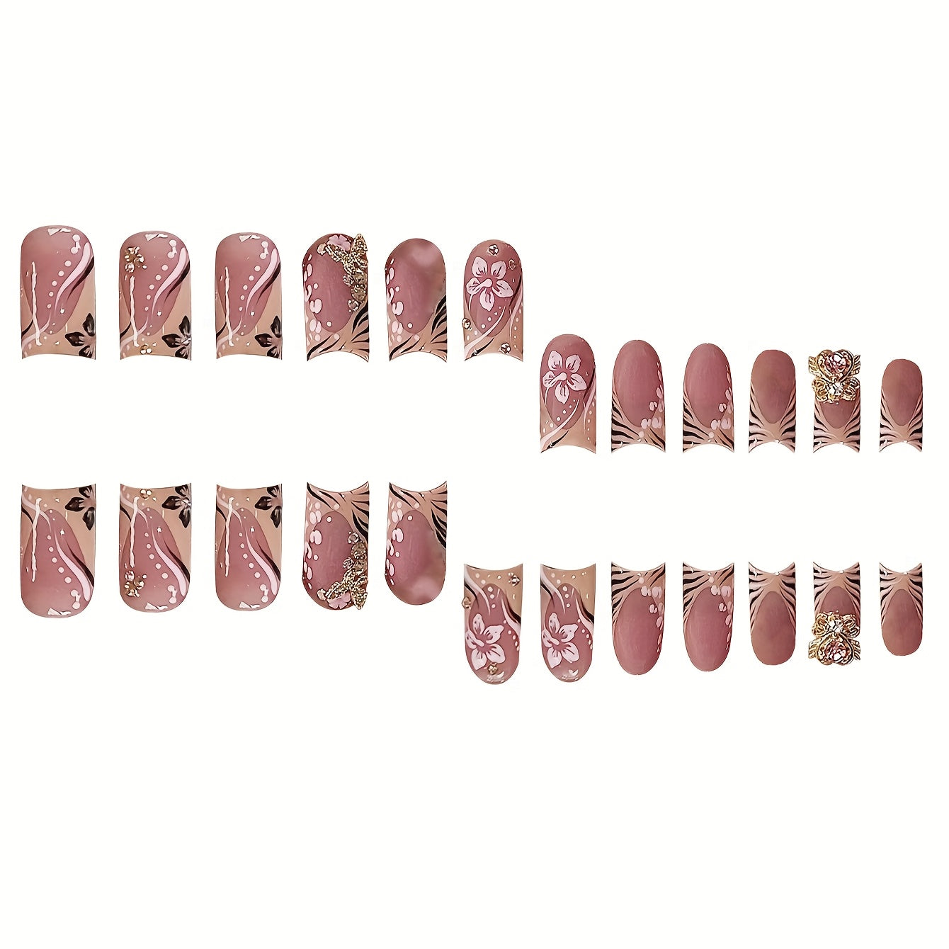 A Set of 4 Jelly Gels And 4 Nail Files, Totaling 96pcs, Featuring a Stylish And Sweet New Technique with Pressed-On Nails. The Design Includes Dazzling Flower Patterns, Advanced Gradient Effects, Golden Lace, Butterfly-Shaped